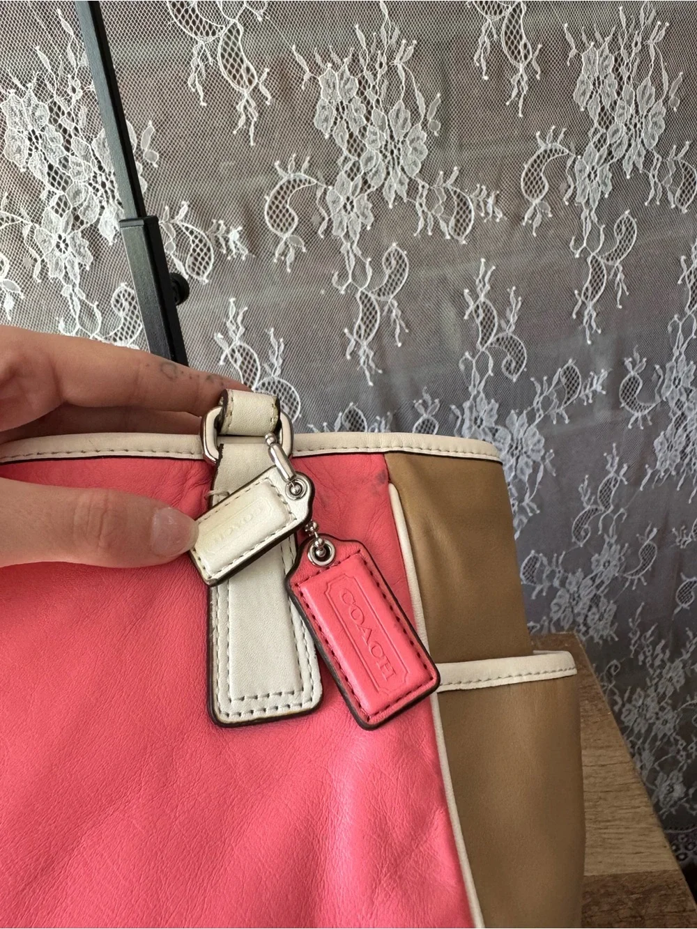 Coach Pink and Tan Leather Tote with White Trim